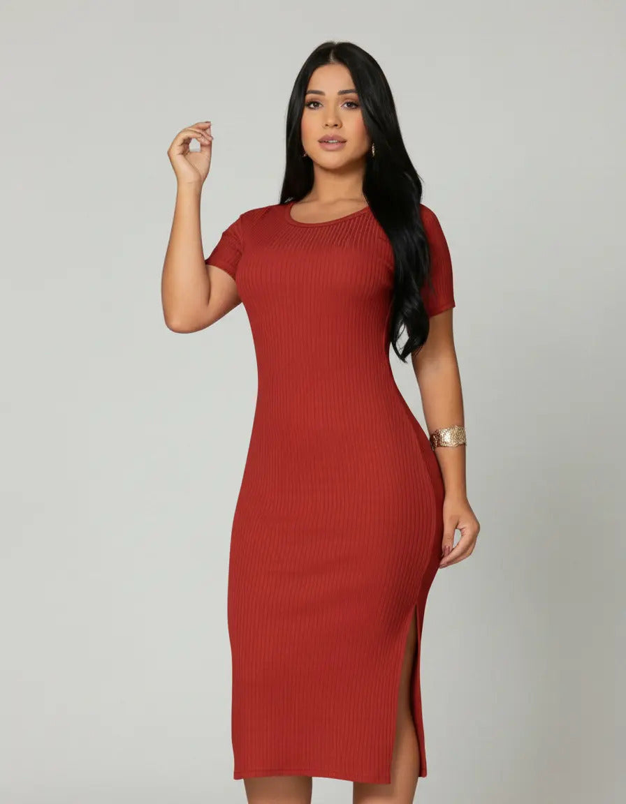 Vestido Canelado Midi Com Manga e Fenda Lateral Casual Básico