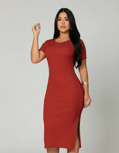Vestido Canelado Midi Com Manga e Fenda Lateral Casual Básico