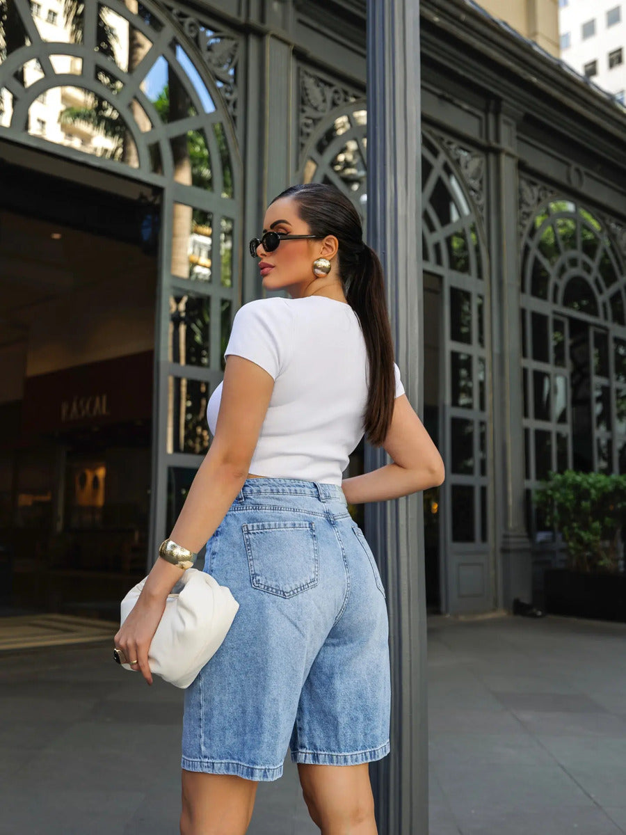 Bermuda Jeans Jorts Feminina Cintura Alta