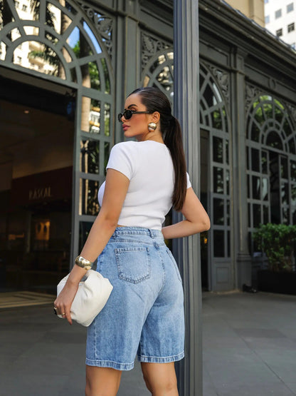 Bermuda Jeans Jorts Feminina Cintura Alta