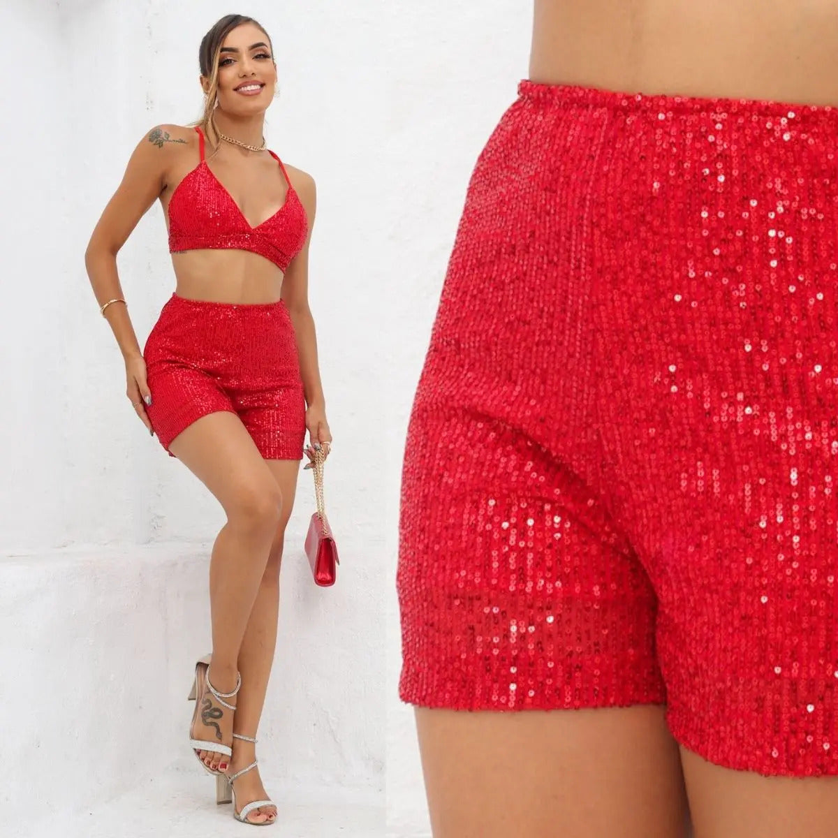 Short Bermuda Feminino Cintura Alta Paetê Balada Moda Brilho