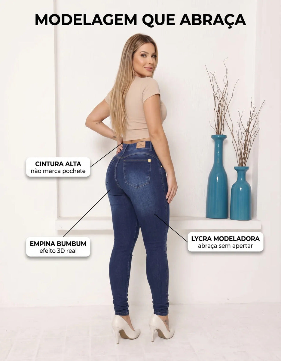 Calça Jeans Feminina Empina Bumbum Cintura Alta Lycra Preta
