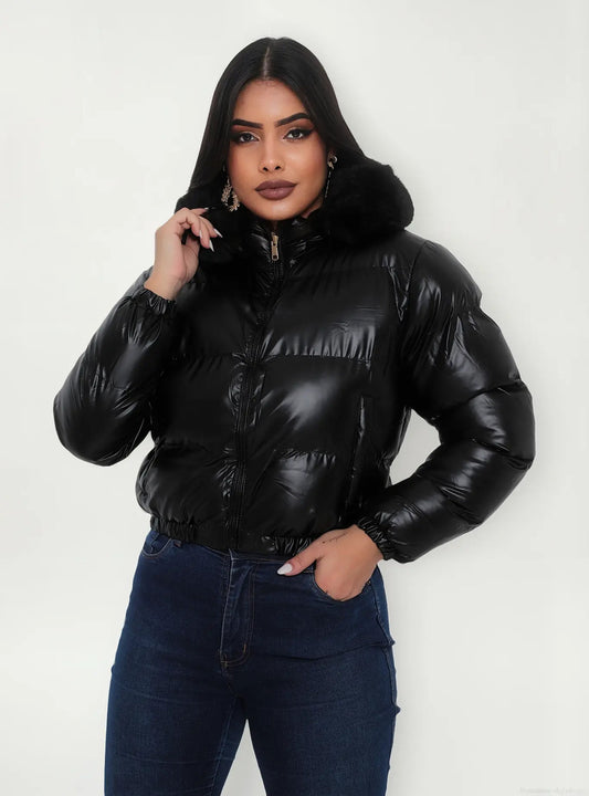 Jaqueta Feminina De Inverno Cropped Dupla Face Com Capuz