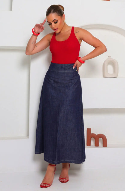 Saia Evasê Longa Midi Evangélica Cintura Alta Jeans E Linho