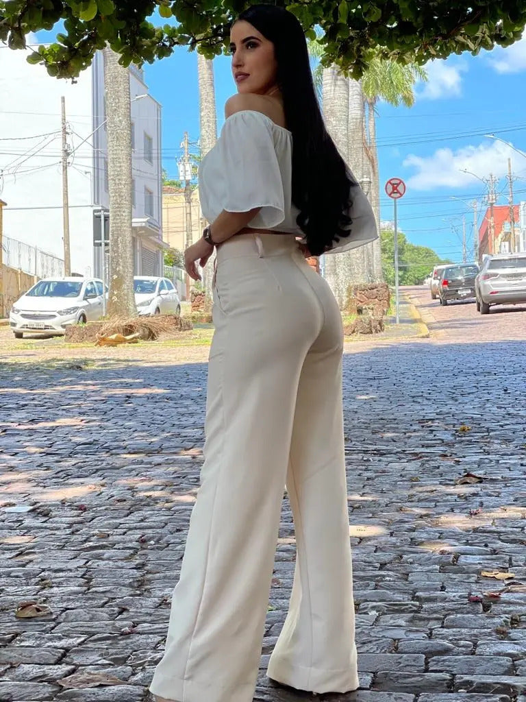 Calça Pantalona Alfaiataria Wide Leg Social Cintura Alta