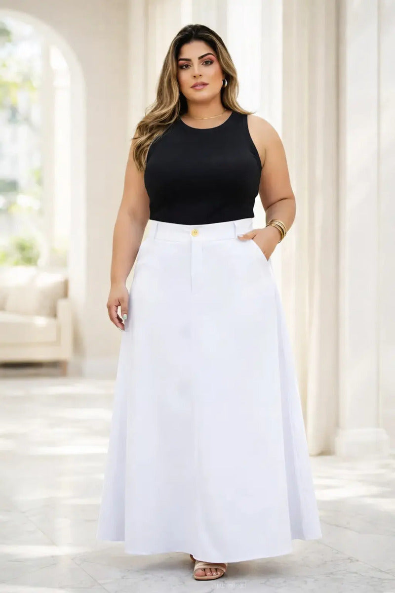 Saia Alfaiataria Plus Size Rodada Evasê Cós Alto Evangélica