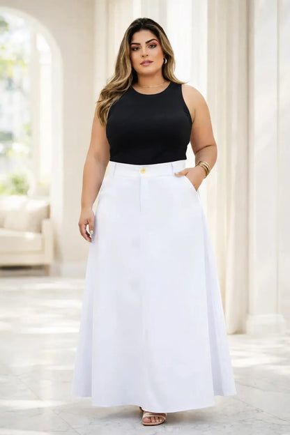 Saia Alfaiataria Plus Size Rodada Evasê Cós Alto Evangélica