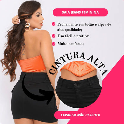 Saia Jeans Cargo Feminina Cintura Alta Com Lycra Stillger