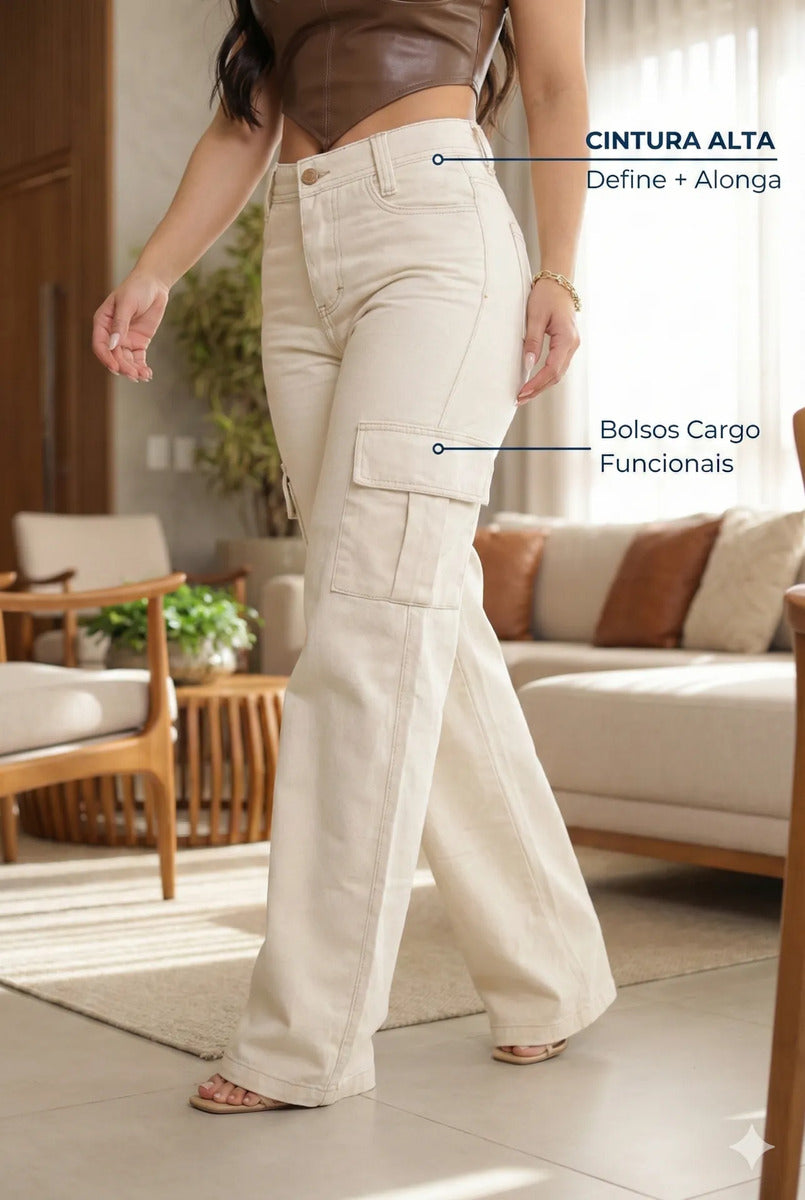 Calça Cargo Feminina Wide Leg Cintura Alta Jeans  Stillger