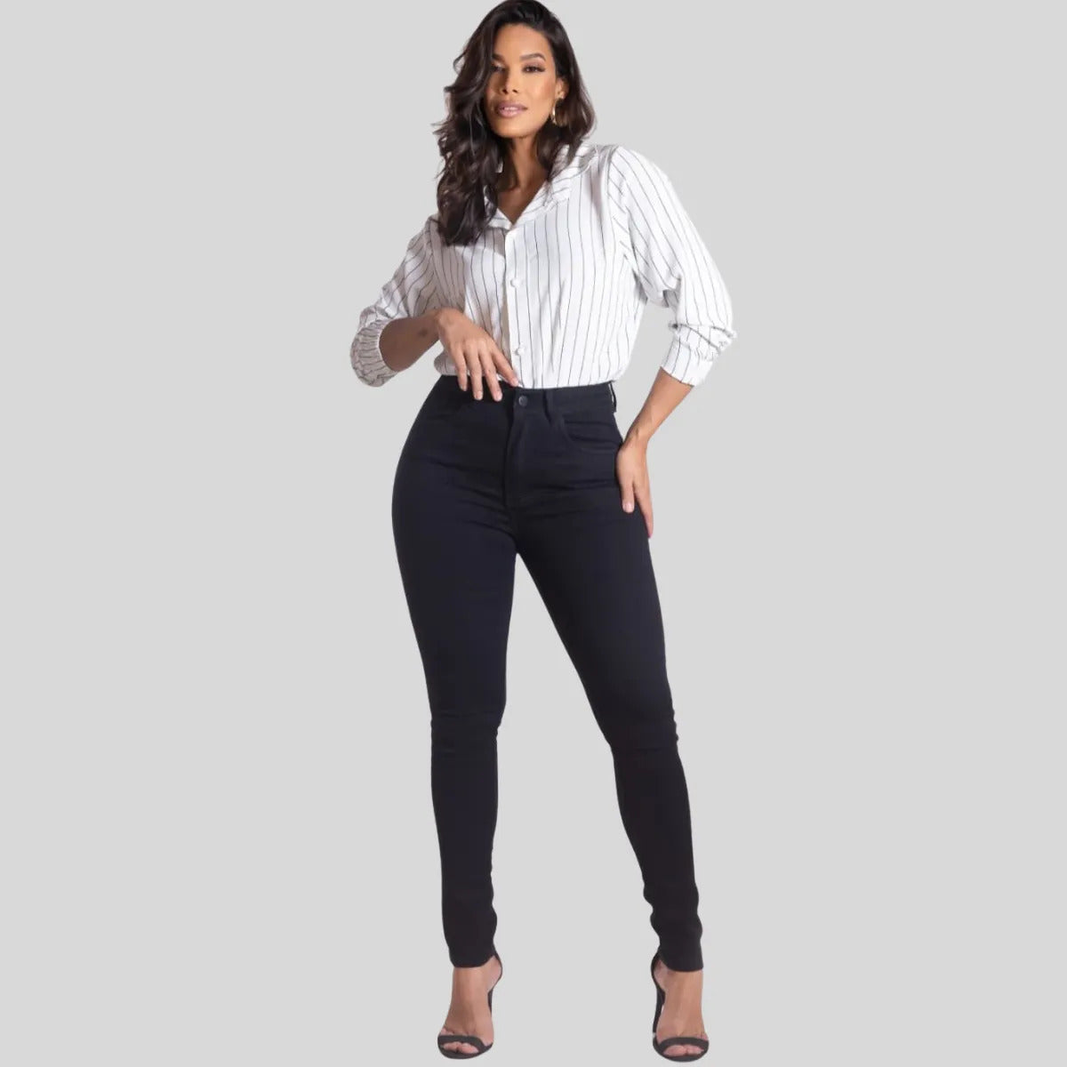 Calça Skinny Jeans Feminina Cintura Alta Marmorizada Lycra