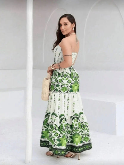 Lightweight Elastic Floral Strapless Long Dress Summer Fashion
