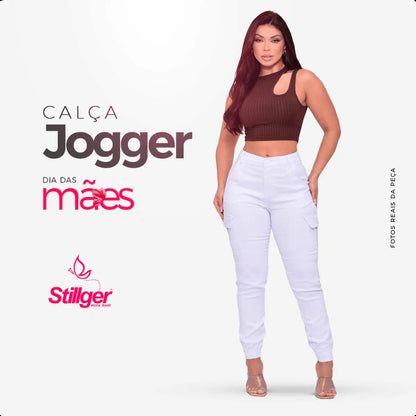 Calça Cargo Jogger Jeans Feminina Cintura Alta Com Lycra