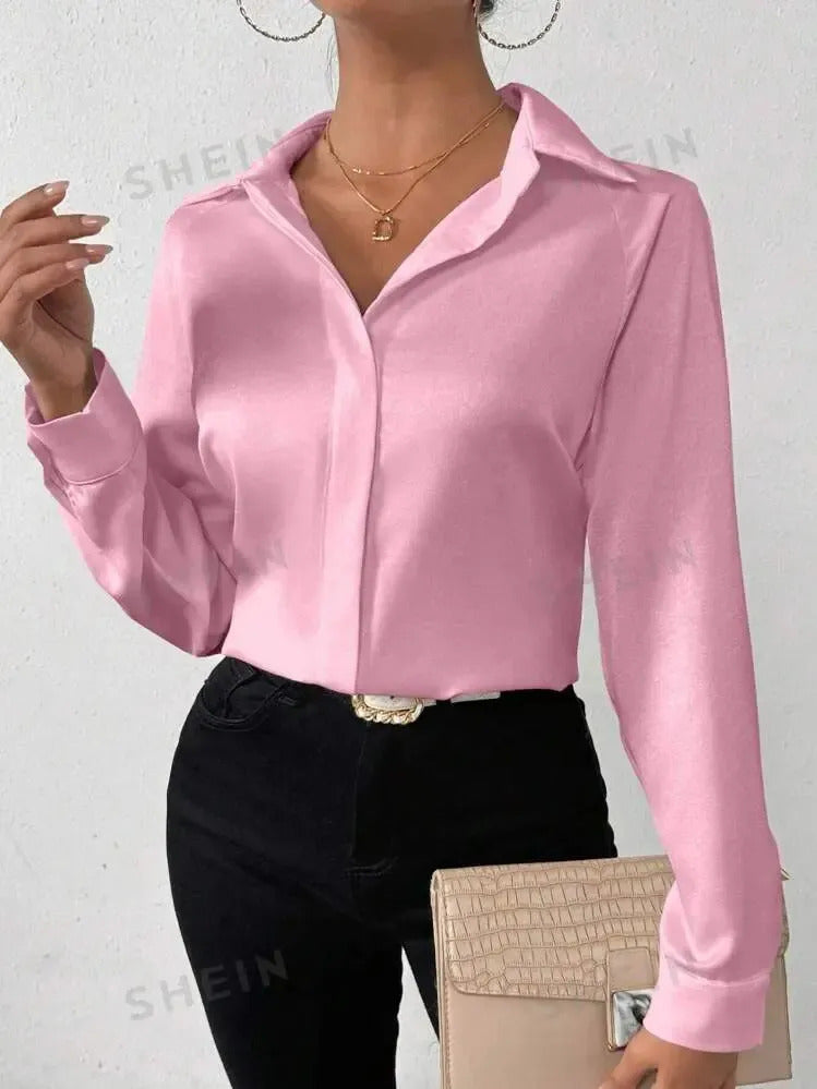 Camisa Seda Feminina Botão Gringa Blusa Moda Clássica 2026
