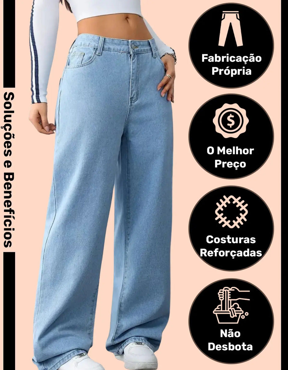 Calça Wide Leg Jeans Feminina Reta Perna Larga Empina Bumbum