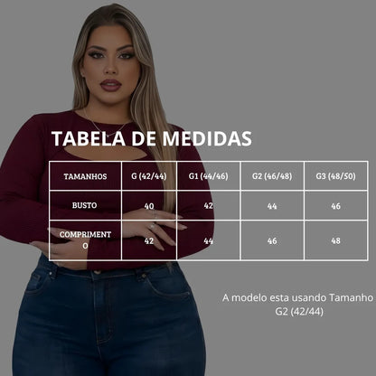 Cropped Feminino Plus Size Manga Longa Com Decote