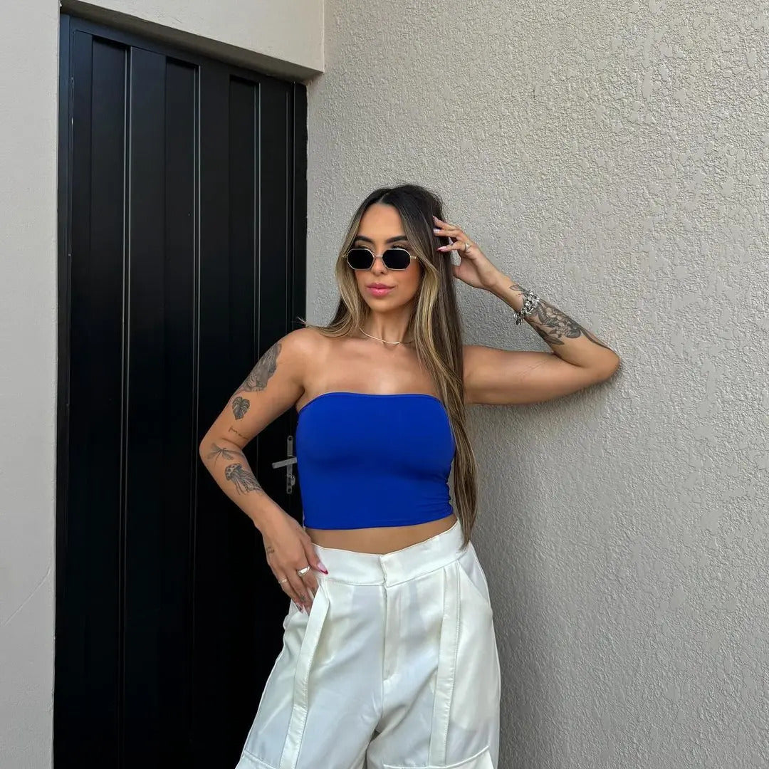 Cropped Tubo Top Tubinho Suplex Duplo Azul Royal Marrom