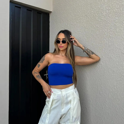 Cropped Tubo Top Tubinho Suplex Duplo Azul Royal Marrom