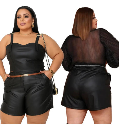 Short Couro Fake Feminino Plus Size Cintura Alta Festa Luxo