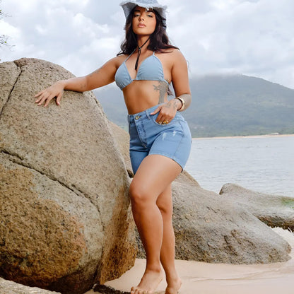 Bermuda Feminina Meia Coxa Jeans Cintura Alta Empina Bumbum