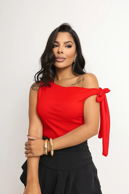 Cropped Feminino Blusa Moderno Manga Laço Amarração