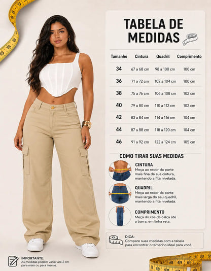 Calça Cargo Feminina Wide Leg Cintura Alta Jeans  Stillger