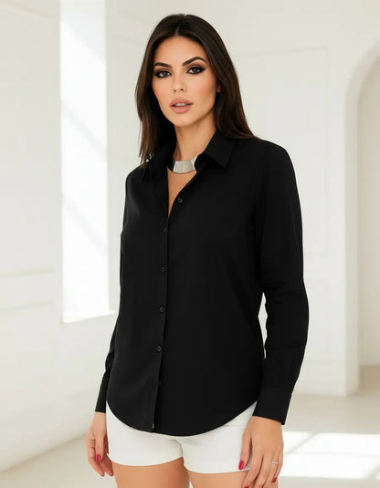 Camisa Blusa Social Feminina Manga Longa De Botão Na Promo