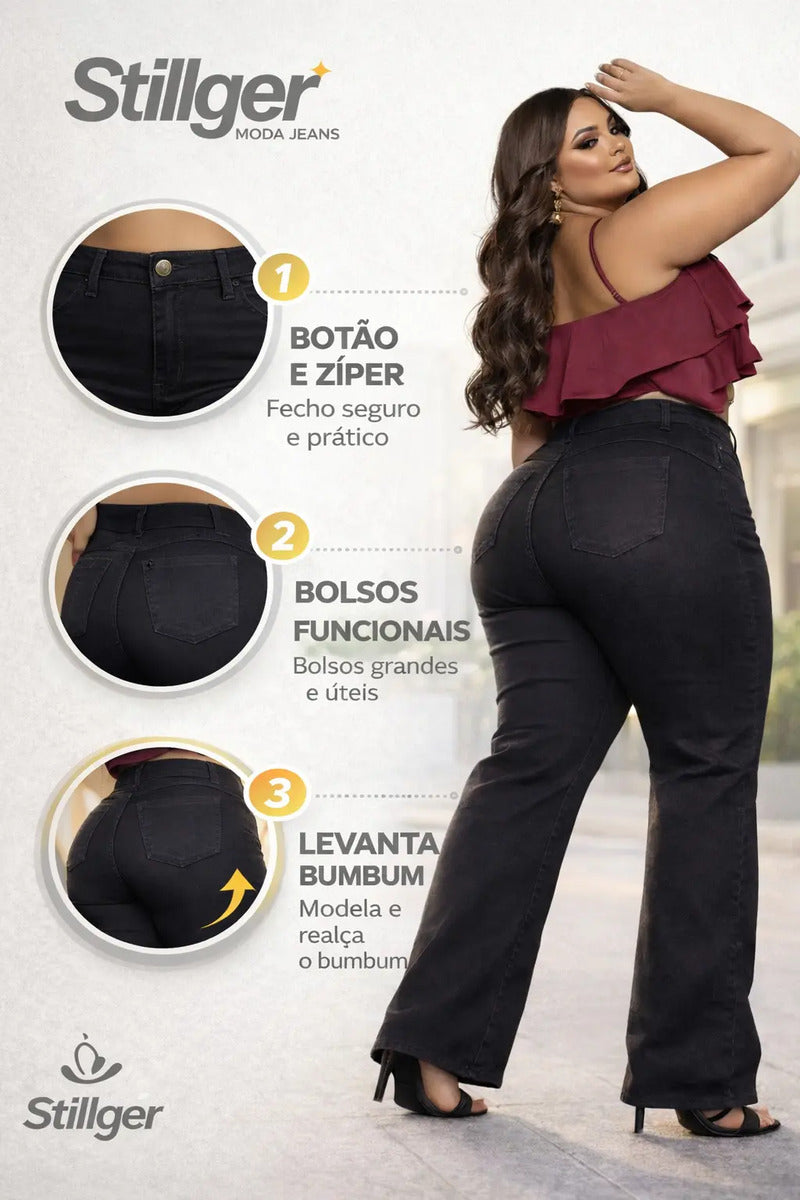 Calça Plus Size Jeans Feminina Wide Leg Levanta Bumbum