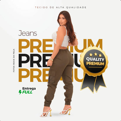 Calça Cargo Jogger Jeans Feminina Cintura Alta Com Lycra