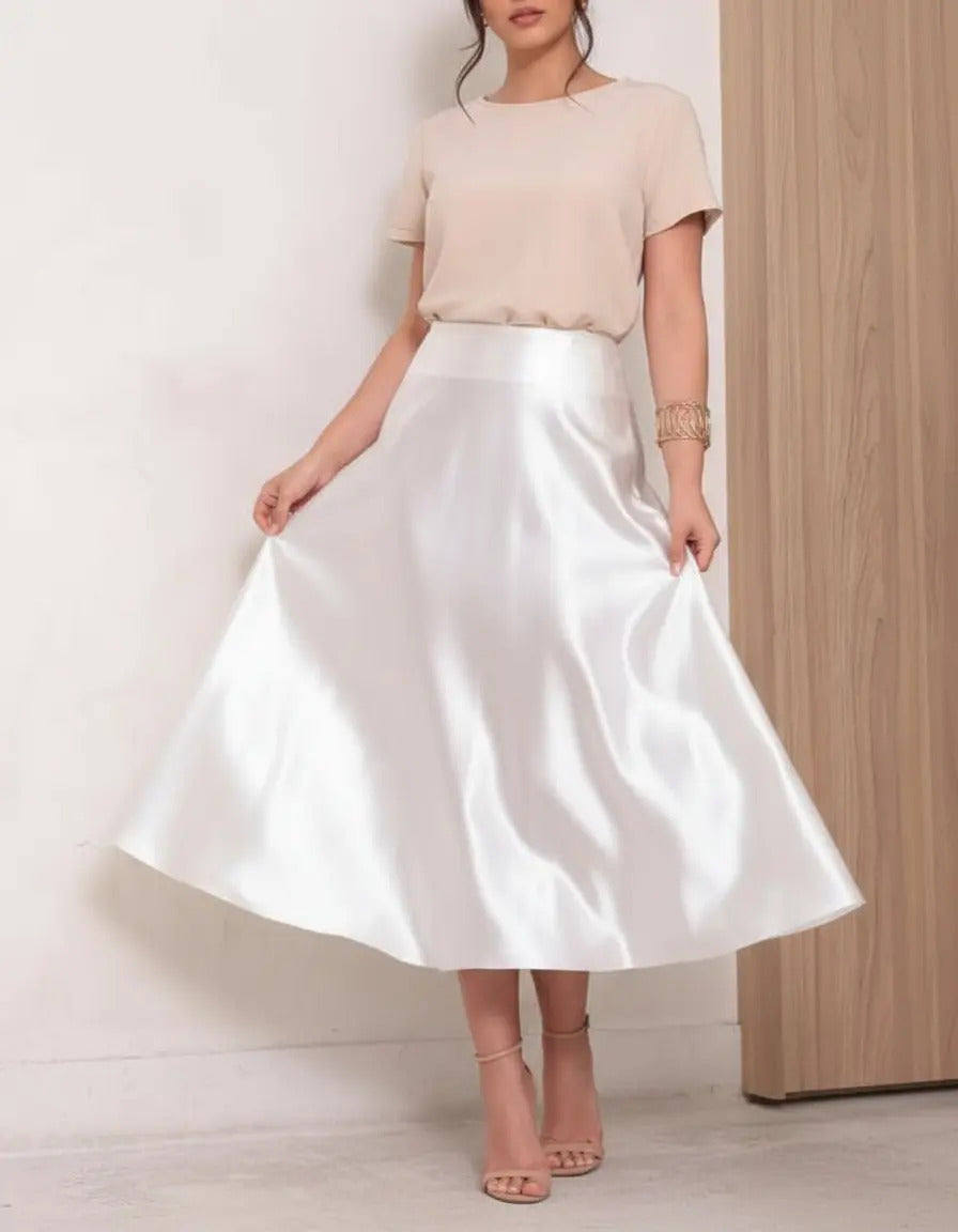 Saia Cetim Feminina Midi Brilho Moda Elegante Full