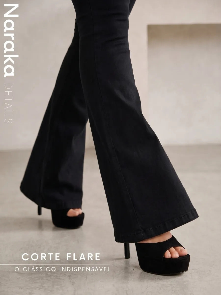 Calça Jeans Flare Feminina Cintura Alta Com Elastano
