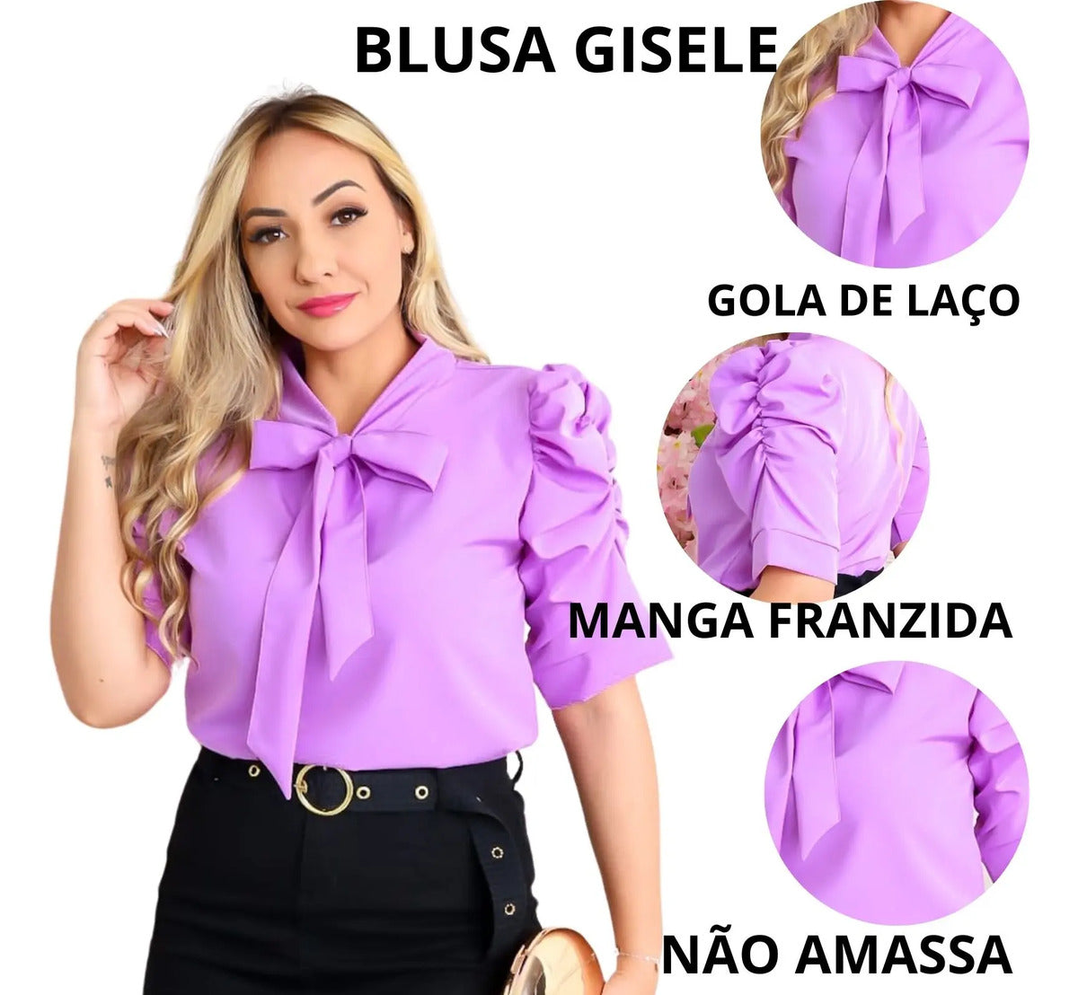 Blusa Feminina Gizele Gola Laço Crepre Seda Manga Franzida