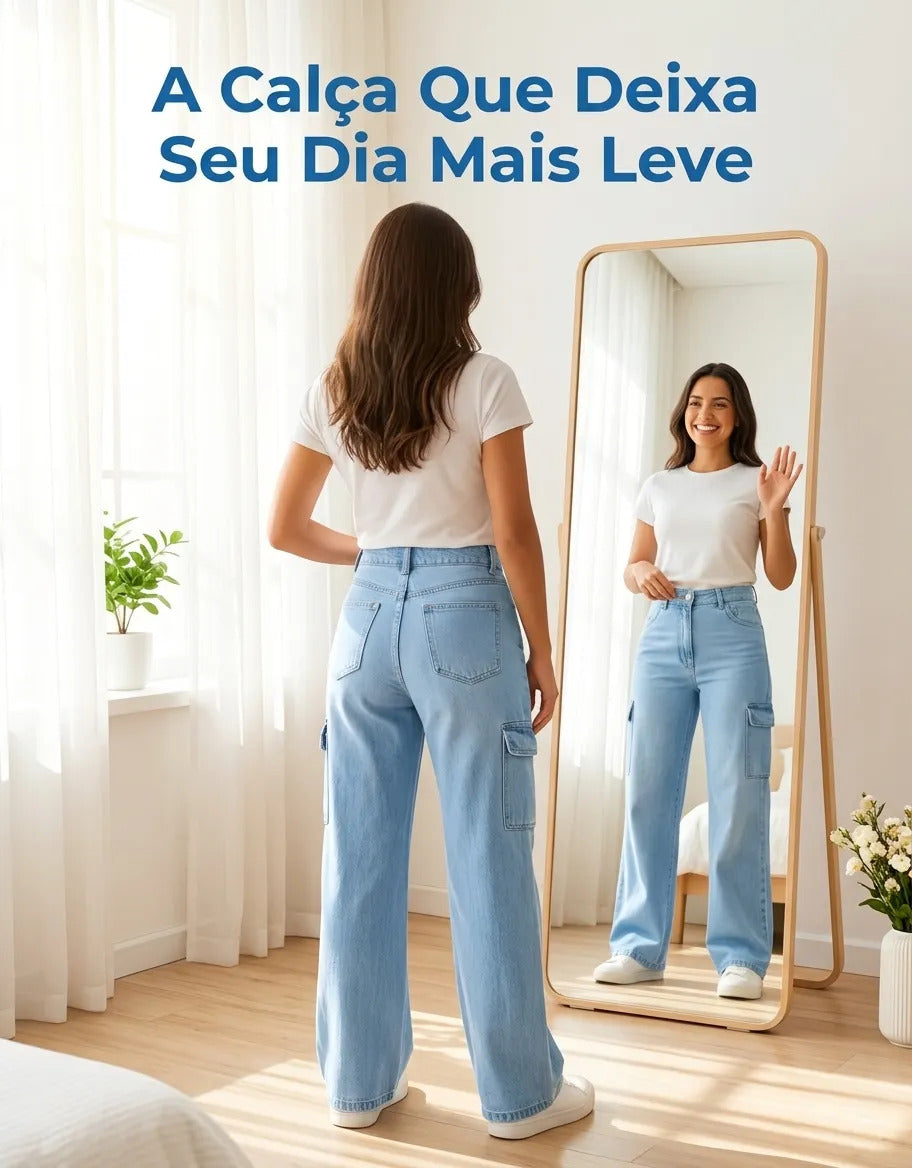 Calça Cargo Feminina Wide Leg Cintura Alta Jeans  Stillger