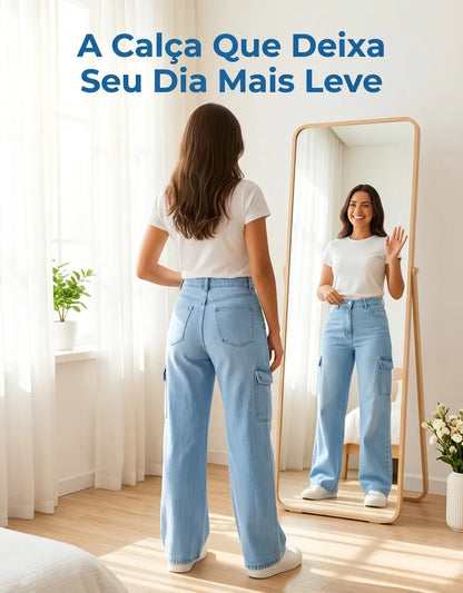 Calça Cargo Feminina Wide Leg Cintura Alta Jeans  Stillger