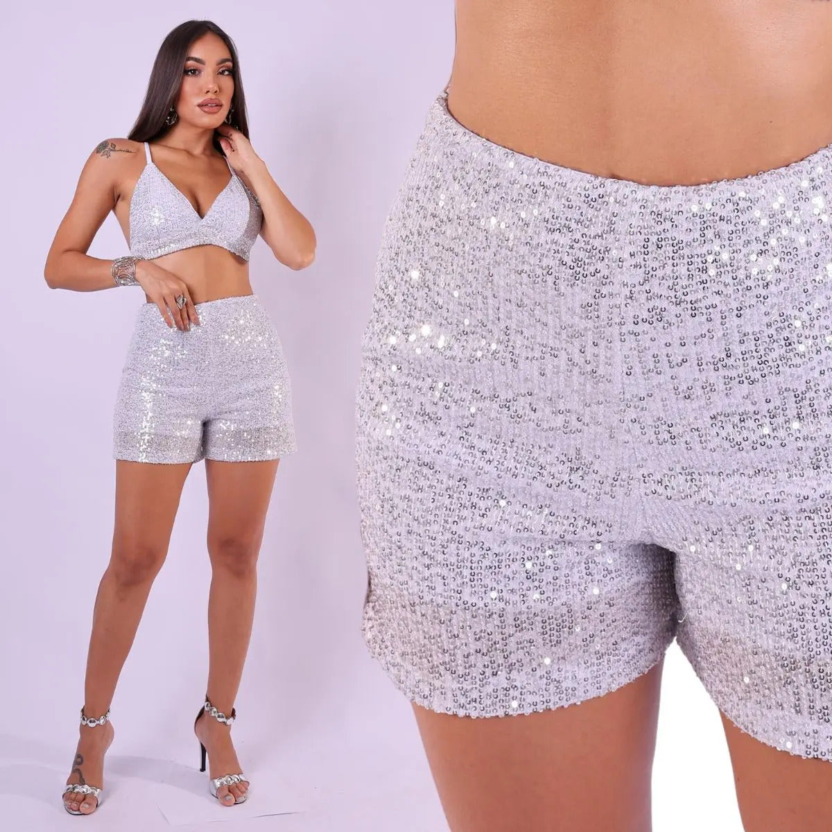 Short Bermuda Feminino Cintura Alta Paetê Balada Moda Brilho