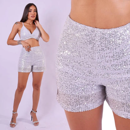 Short Bermuda Feminino Cintura Alta Paetê Balada Moda Brilho
