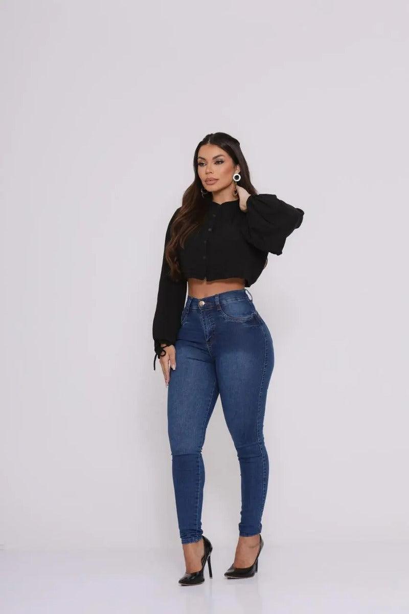 Calça Preta Jeans Feminina Com Elastano Cintura Alta Skinny
