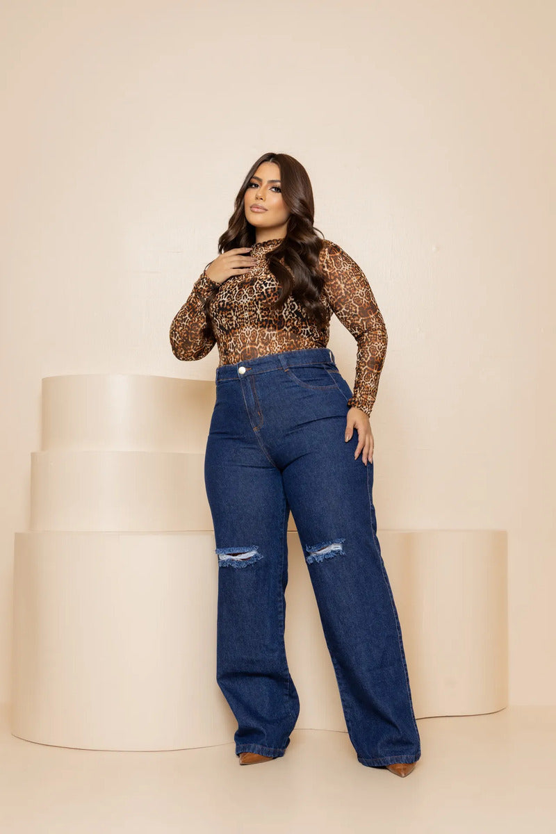 Calça Plus Size Jeans Feminina Wide Leg Levanta Bumbum