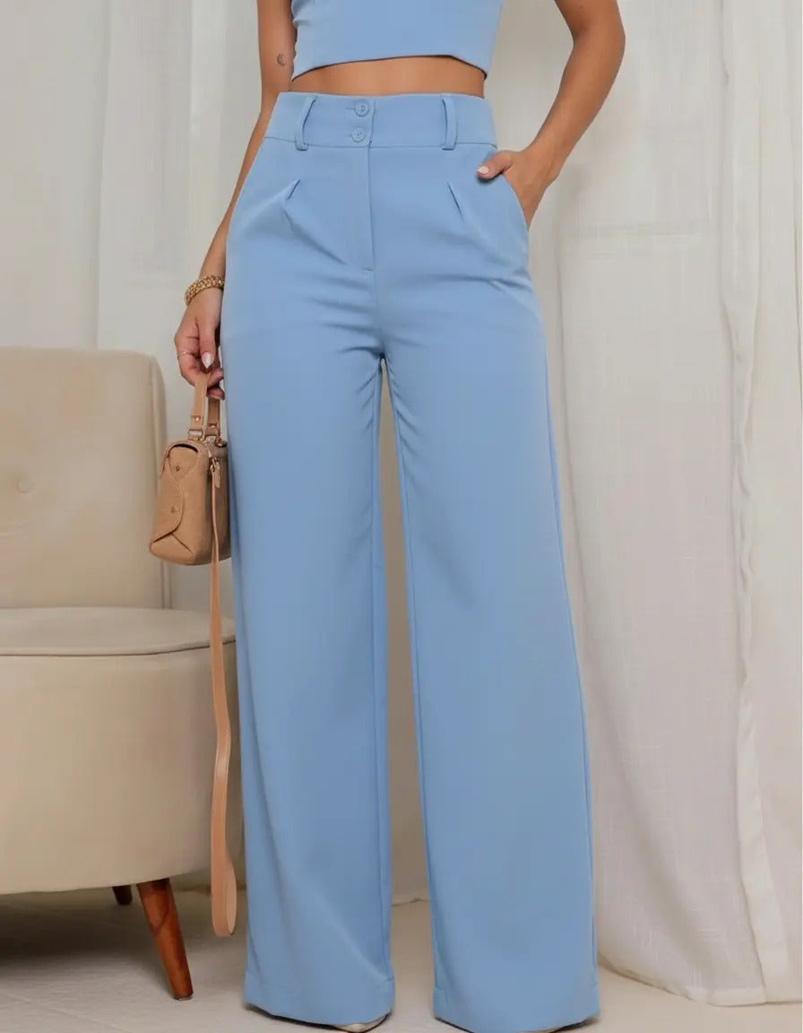Calça Pantalona Alfaiataria Wide Leg Social Cintura Alta