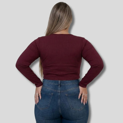 Cropped Feminino Plus Size Manga Longa Com Decote
