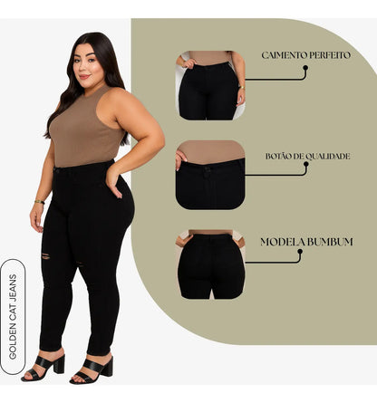 Calça Jeans Plus Size Cintura Alta Elastano Lycra Modeladora