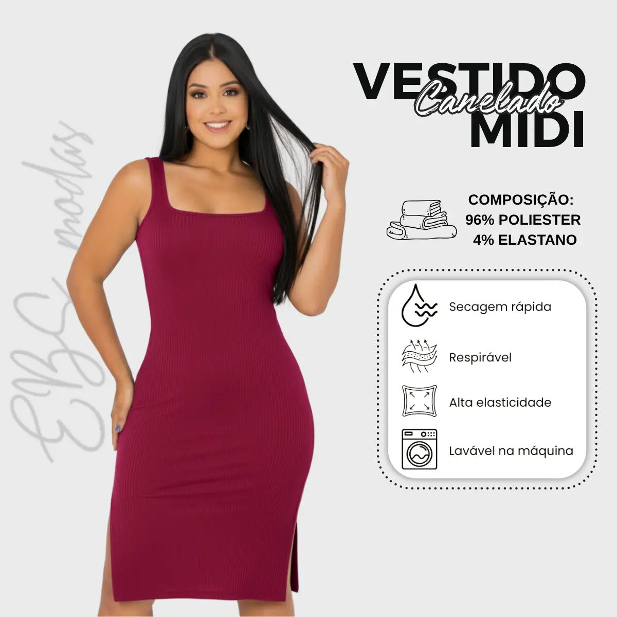 Vestido Midi Canelado Premium Com Alça E Fendas Casual Básico