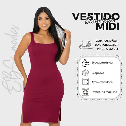 Vestido Midi Canelado Premium Com Alça E Fendas Casual Básico