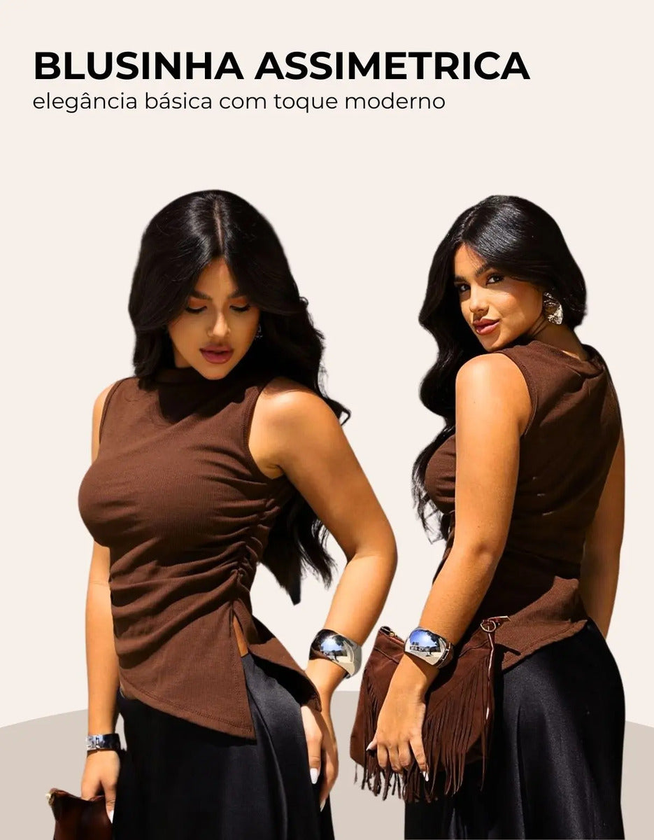 Blusa Cropped Feminina Assimétrica Ribana Canelada Premium