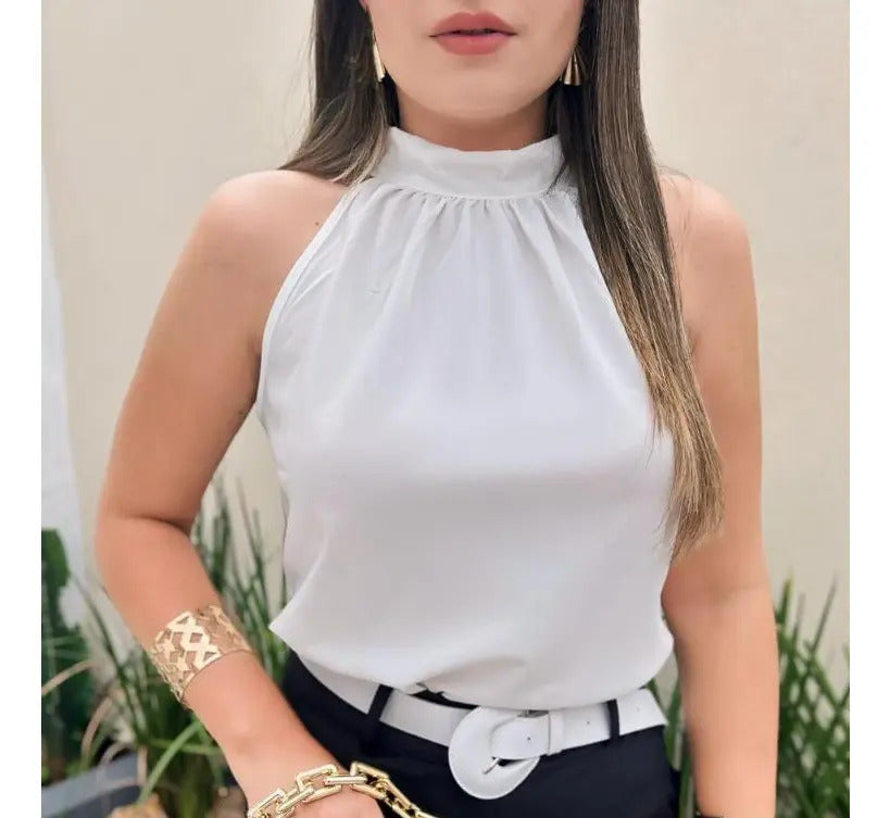 Blusa Feminina Regata Gola Alta Plissada Elegante