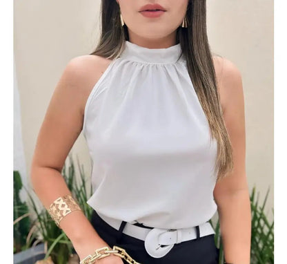 Blusa Feminina Regata Gola Alta Plissada Elegante