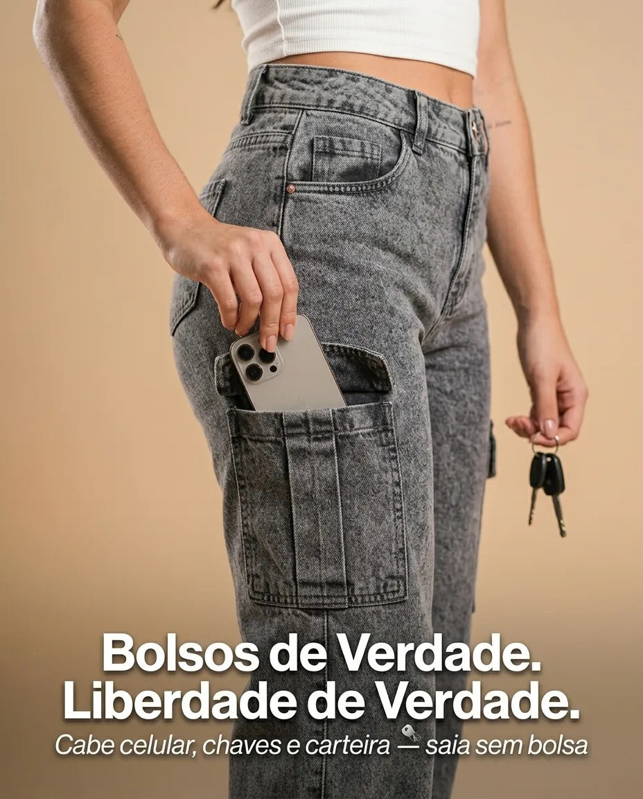 Calça Cargo Feminina Wide Leg Cintura Alta Jeans  Stillger