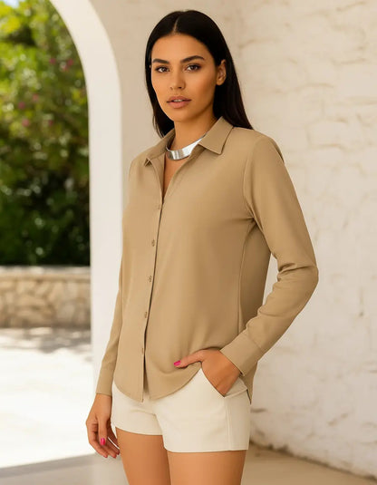 Camisa Blusa Social Feminina Manga Longa De Botão Na Promo