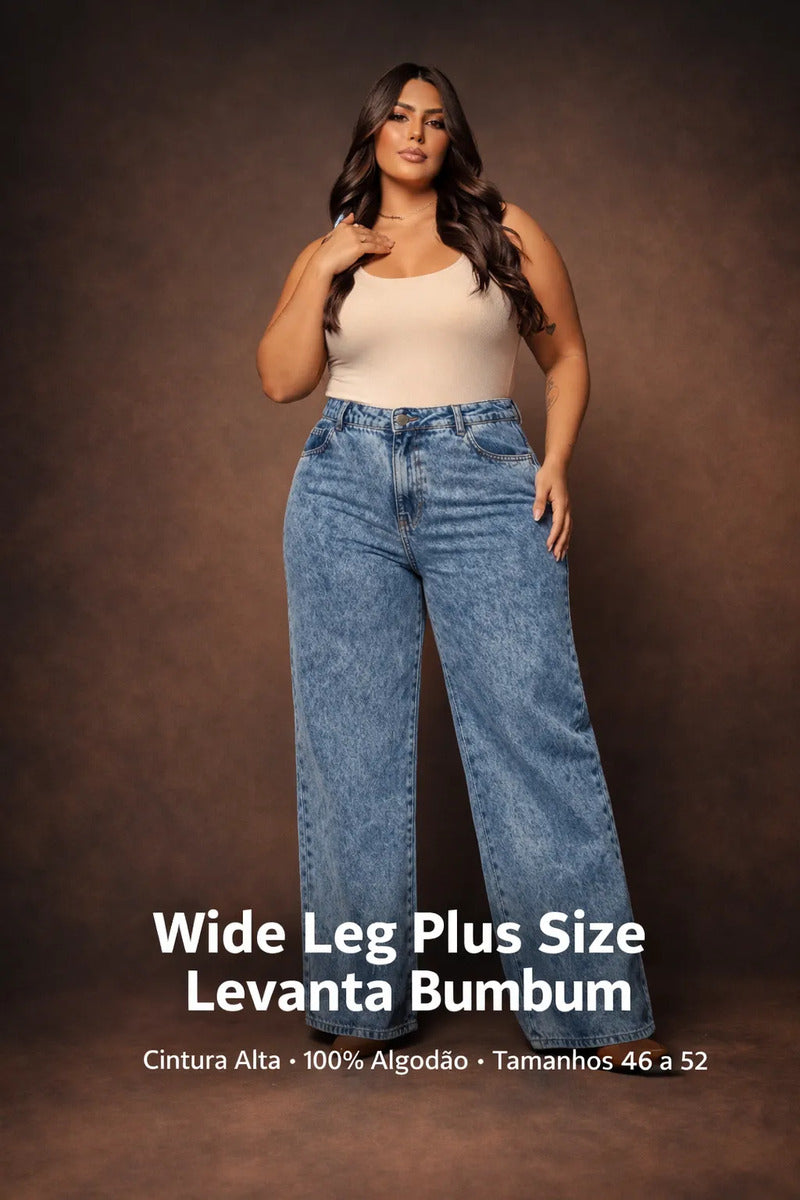 Calça Plus Size Jeans Feminina Wide Leg Levanta Bumbum