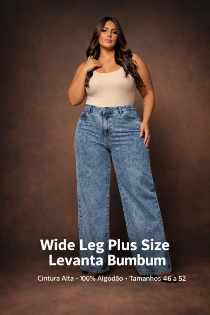 Calça Plus Size Jeans Feminina Wide Leg Levanta Bumbum