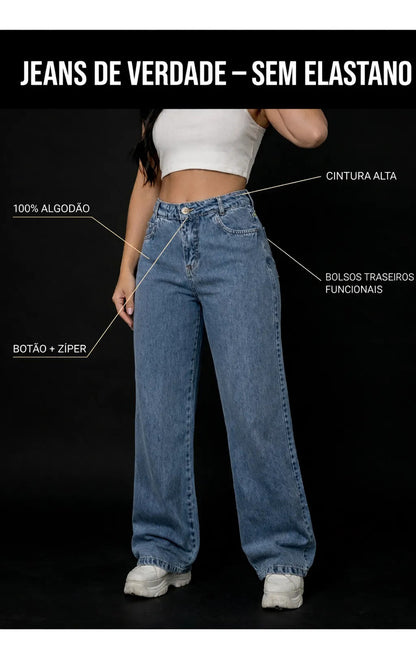 Calça Jeans Wide Leg Feminina Cintura Alta Sem Lycra Stillge